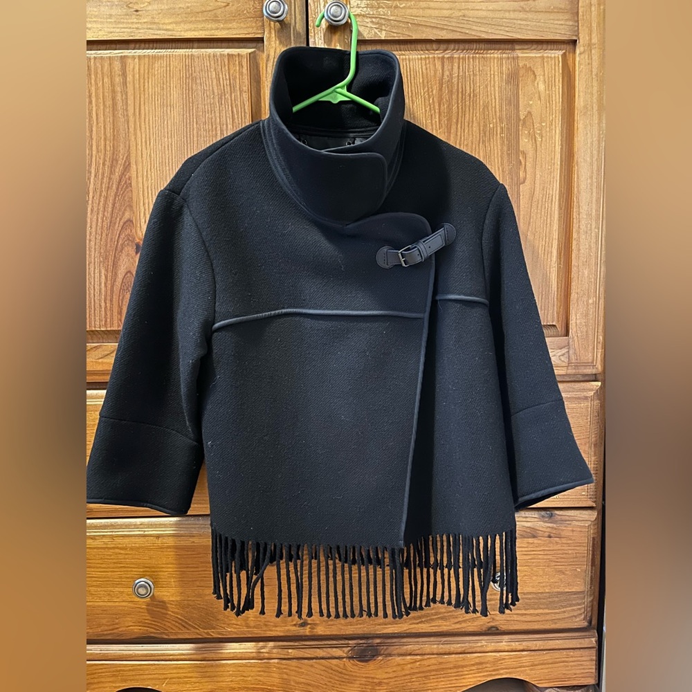 Karen Millen Black Wool-Blend Fringed Jacket with 3/4 Length Sleeves